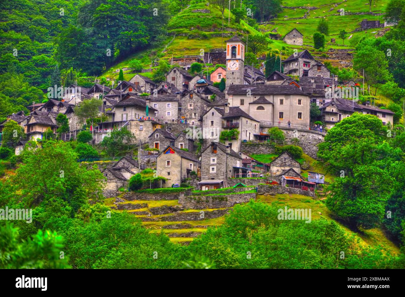 Bellissimo villaggio alpino rustico sul versante della montagna con alberi verdi a Corippo, Ticino, Svizzera Foto Stock