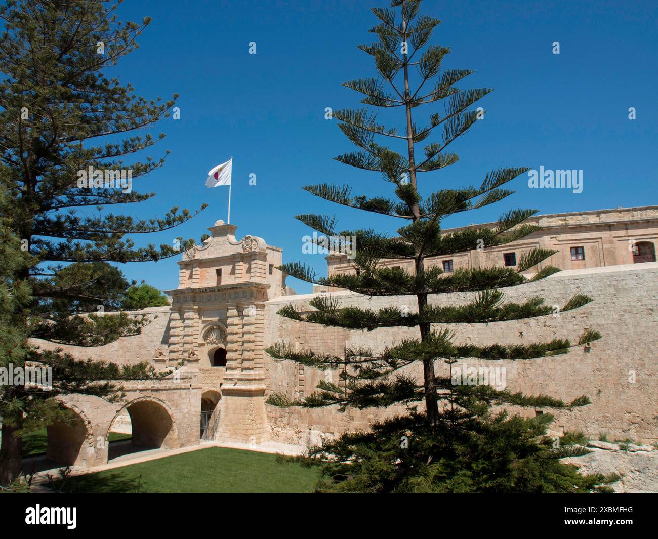 Fortezza in pietra con bandiera ondulata e conifere in primo piano sotto un cielo blu, mdina, Mar mediterraneo, Malta Foto Stock