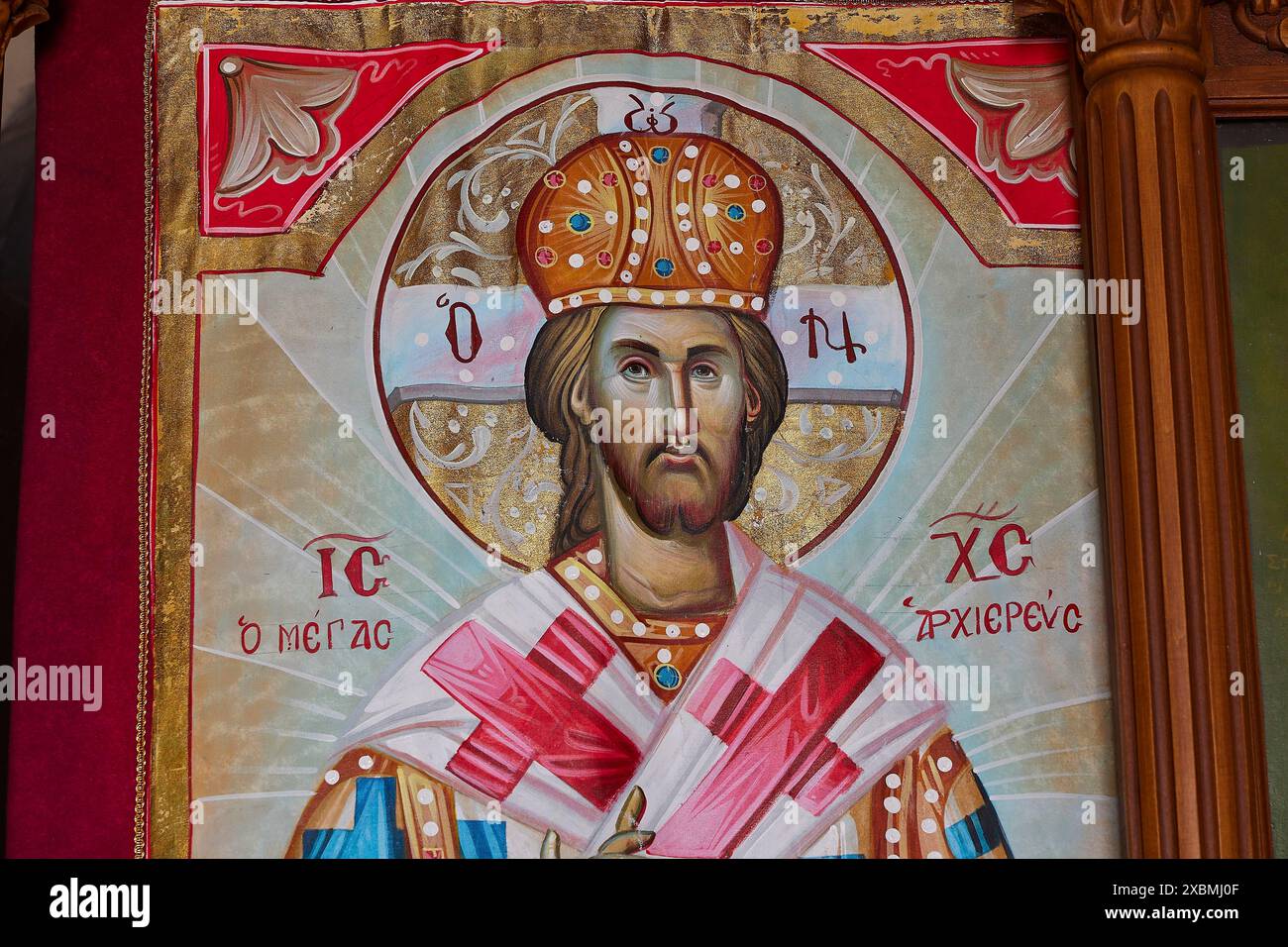 Primo piano di un dipinto iconico di Cristo nella tradizionale rappresentazione cristiana, Cappella di Agios Panteleimon, Kastro Monolithou, Castello di Monolithos Foto Stock