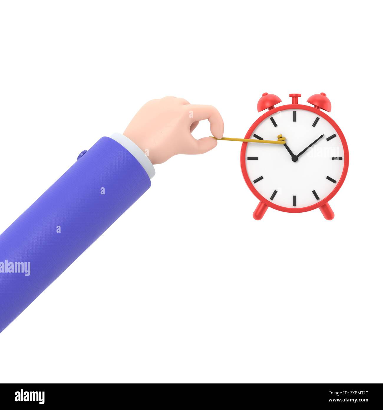 Concetto Stop Time. Metafora aziendale.illustrazione 3D design piatto. Uomo d'affari in tuta, indietro la mano dell'ora. Scadenza. Gestione del tempo.rendering 3D attivato Foto Stock