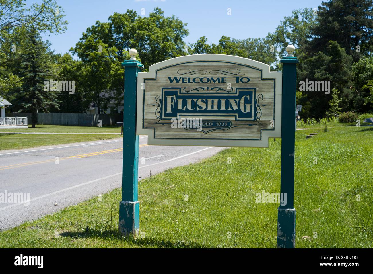 Benvenuto al cartello Flushing a Flushing Michigan USA Foto Stock
