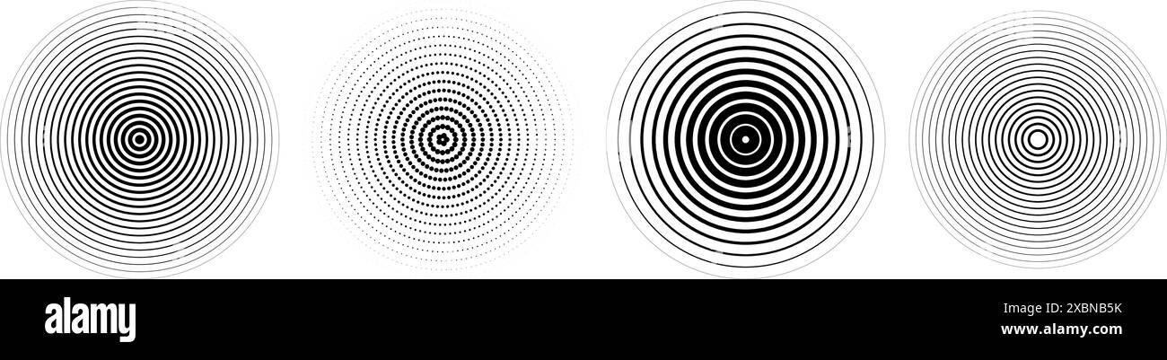 Gruppo di cerchi concentrici neri. Sonar o suoneria a onde sonore. Concetto di mezzitoni ed epicentro lineare, target, icona radar. Segnale radiale di ondulazione o elementi di vibrazione. Linea vettoriale e simboli punteggiati Illustrazione Vettoriale