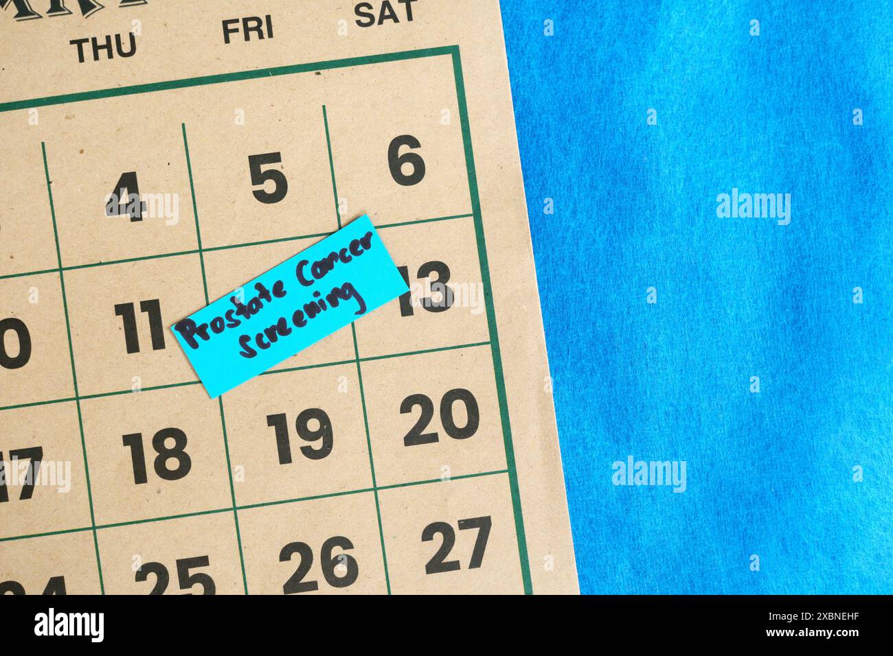 Prostate cancer screening schedule for men concept. Written reminder note on calendar. Foto Stock