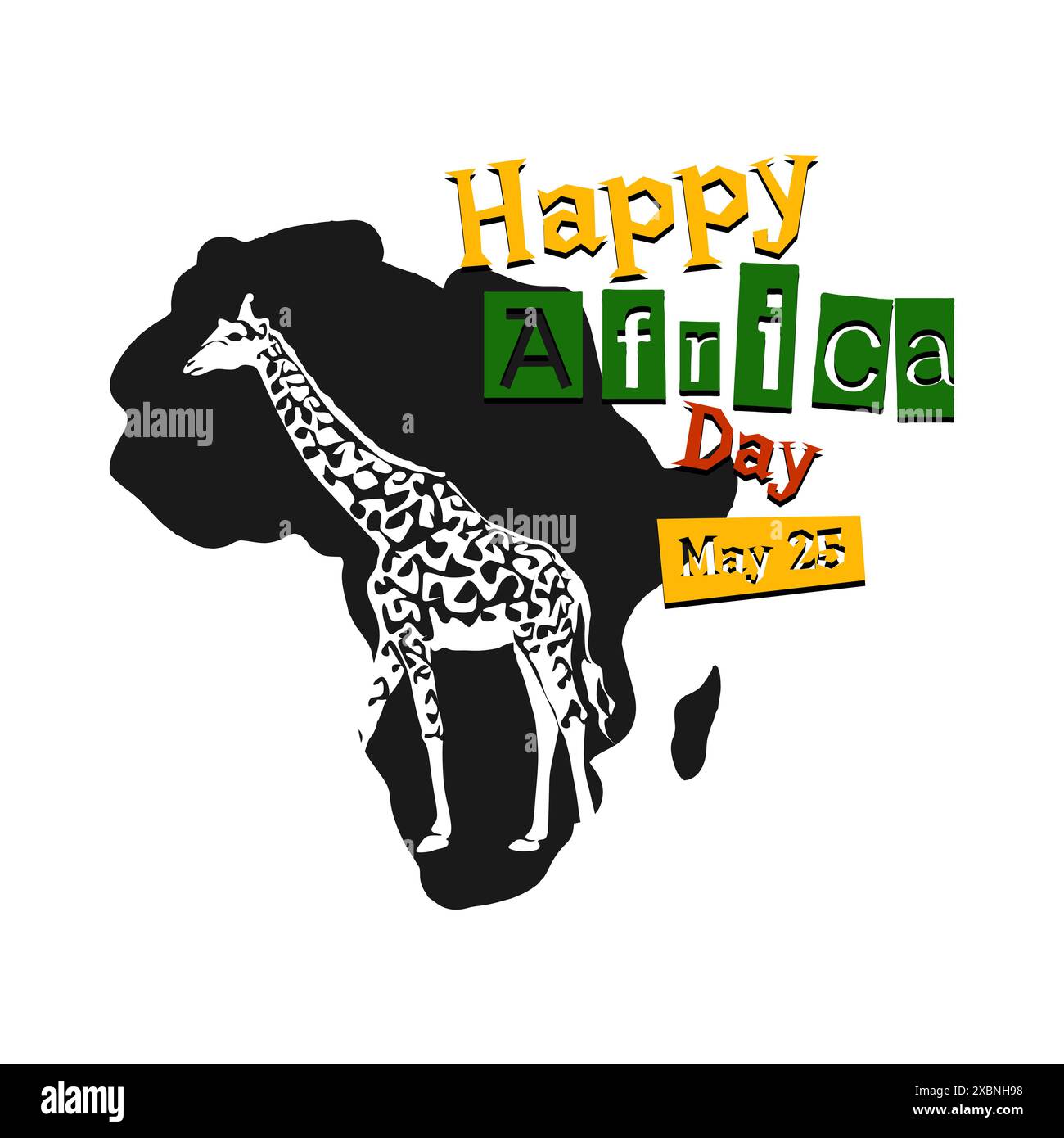 Illustrazione della giornata Mondiale dell'Africa con mappa Africa e sagoma degli animali africani. Poster del 25 May Happy Africa Day Illustrazione Vettoriale