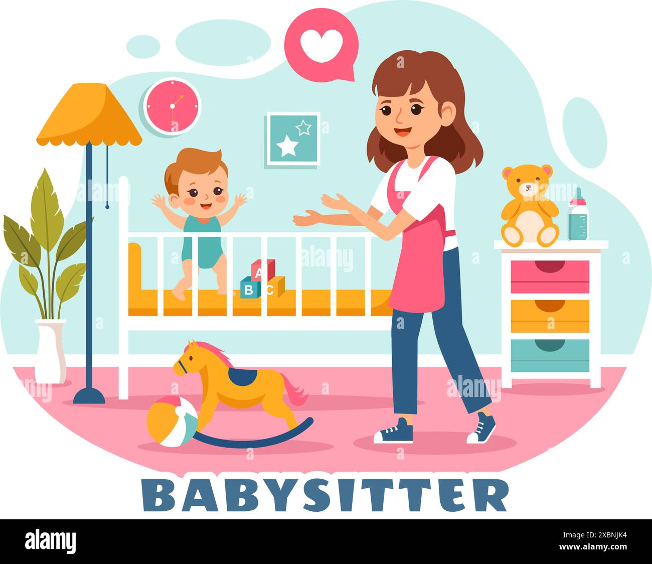 Illustrazione vettoriale dei servizi di babysitter o della tata per prendersi cura dei bambini, provvedere alle loro esigenze e giocare con il bambino in un sottofondo di cartone animato piatto Illustrazione Vettoriale