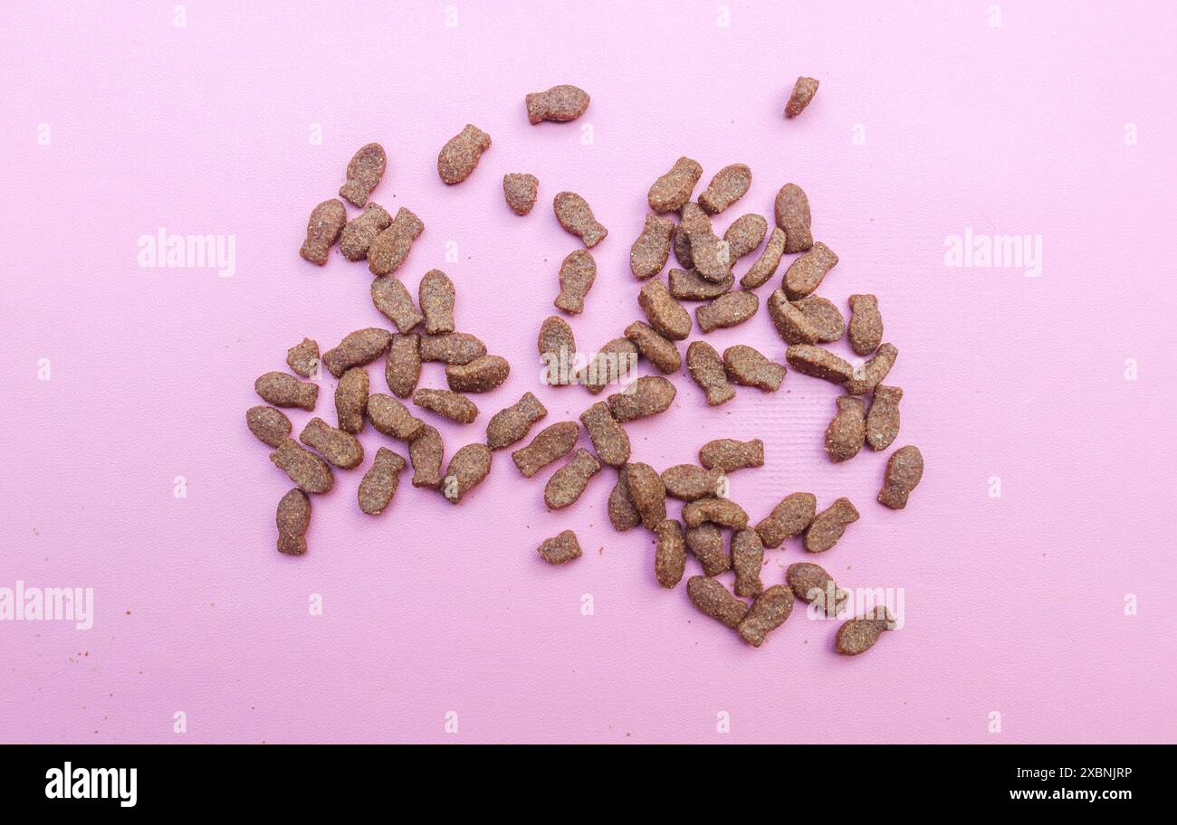 Vista dall'alto di pezzi di kibble per cibo per gatti isolati su sfondo rosa. Cibo secco a forma di pesce per gatti Foto Stock