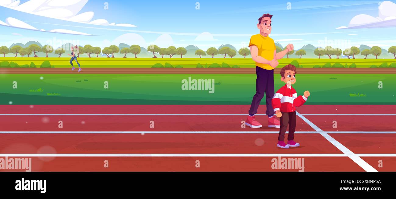 Padre e figlio attivi che corrono allo stadio. Illustrazione vettoriale del papà felice che fa jogging con il bambino, si allenano all'aperto insieme, gli atleti attivi si allenano nella giornata estiva soleggiata, stile di vita sano Illustrazione Vettoriale