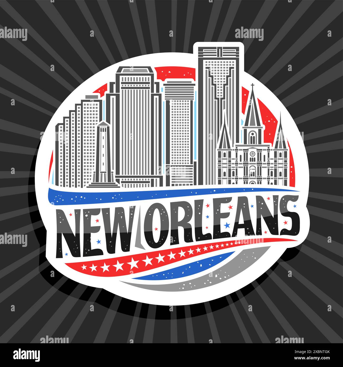 Logo vettoriale per New Orleans, etichetta rotonda decorativa bianca con illustrazione a linee del famoso paesaggio urbano americano, magnete per frigorifero dal design artistico Illustrazione Vettoriale
