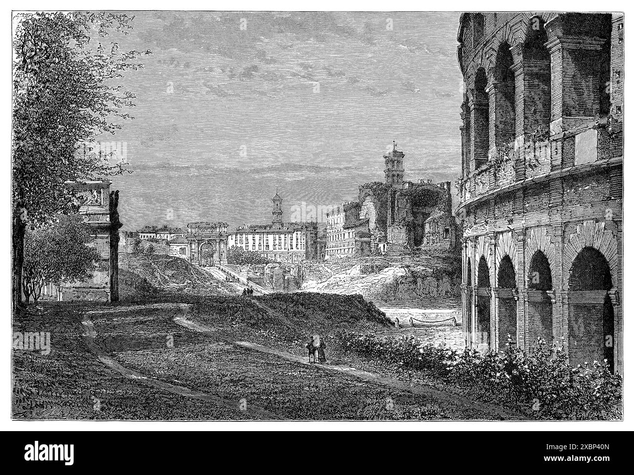 Incisione vintage del foro di Roma, guardando a nord. Foto Stock