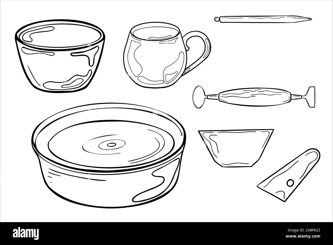 Ruota in ceramica e piatti in ceramica con illustrazione vettoriale a linee bianche e nere isolate. Silhouette tazza tazza con inchiostro disegnato a mano. Oggetti di ceramica di colore Illustrazione Vettoriale
