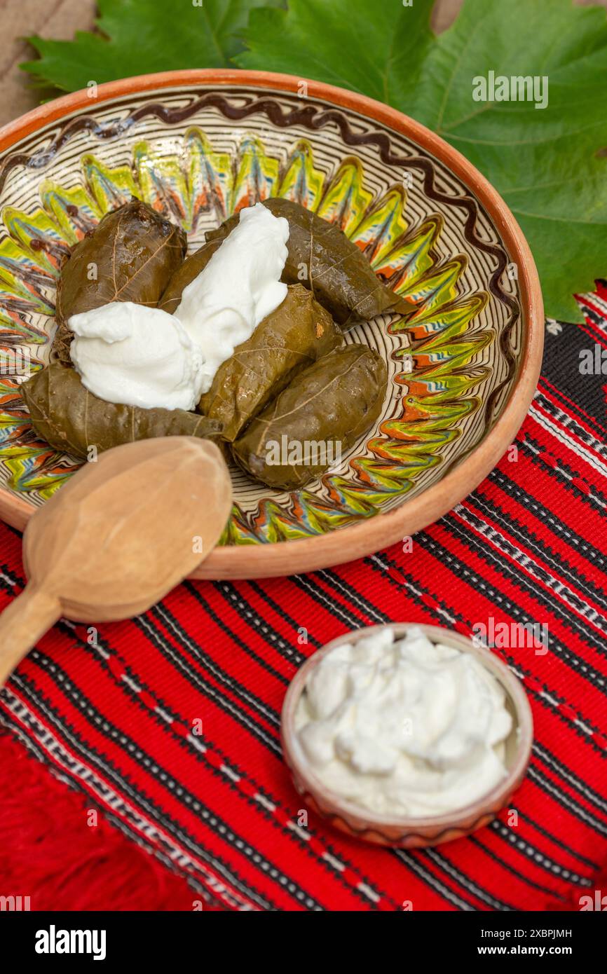 involtini di carne avvolti con foglie di vino, cucina balcanica sarma Foto Stock