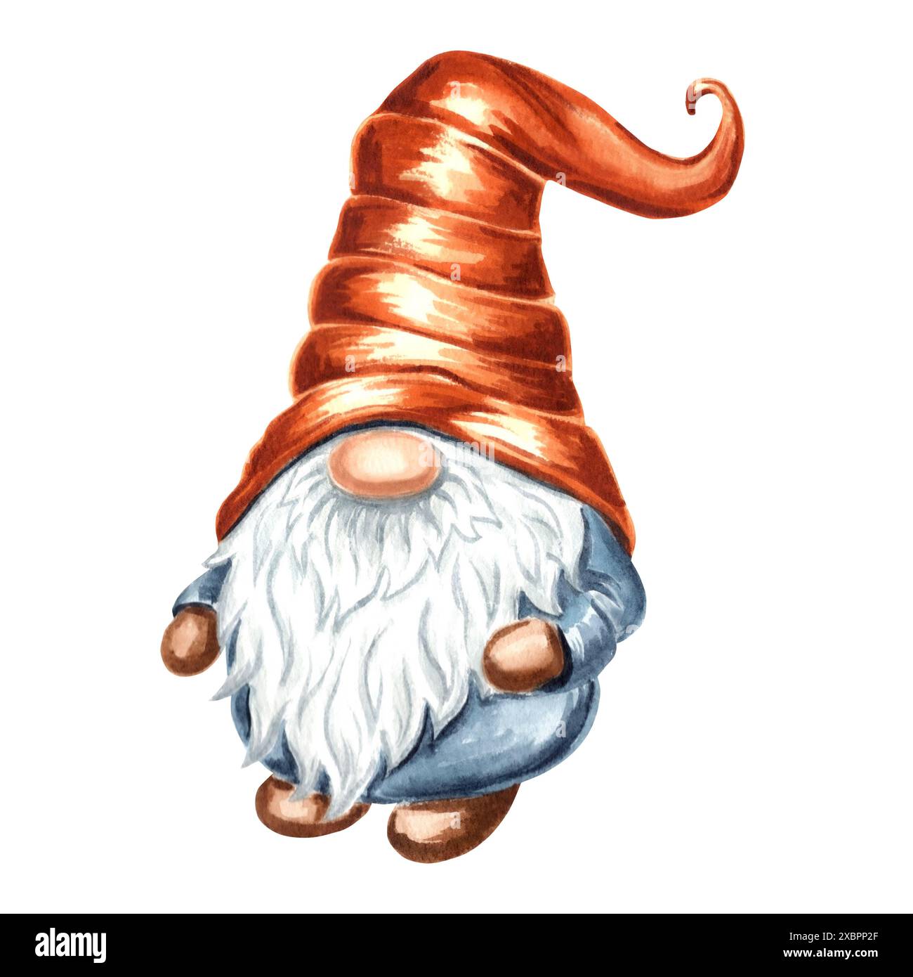 Caduta di Gnome in cappello conus. Nani magici nordici. Illustrazione ad acquerello disegnata a mano isolata. Grazioso elfo cartonato per l'arredamento autunnale e il Ringraziamento, bambini Foto Stock