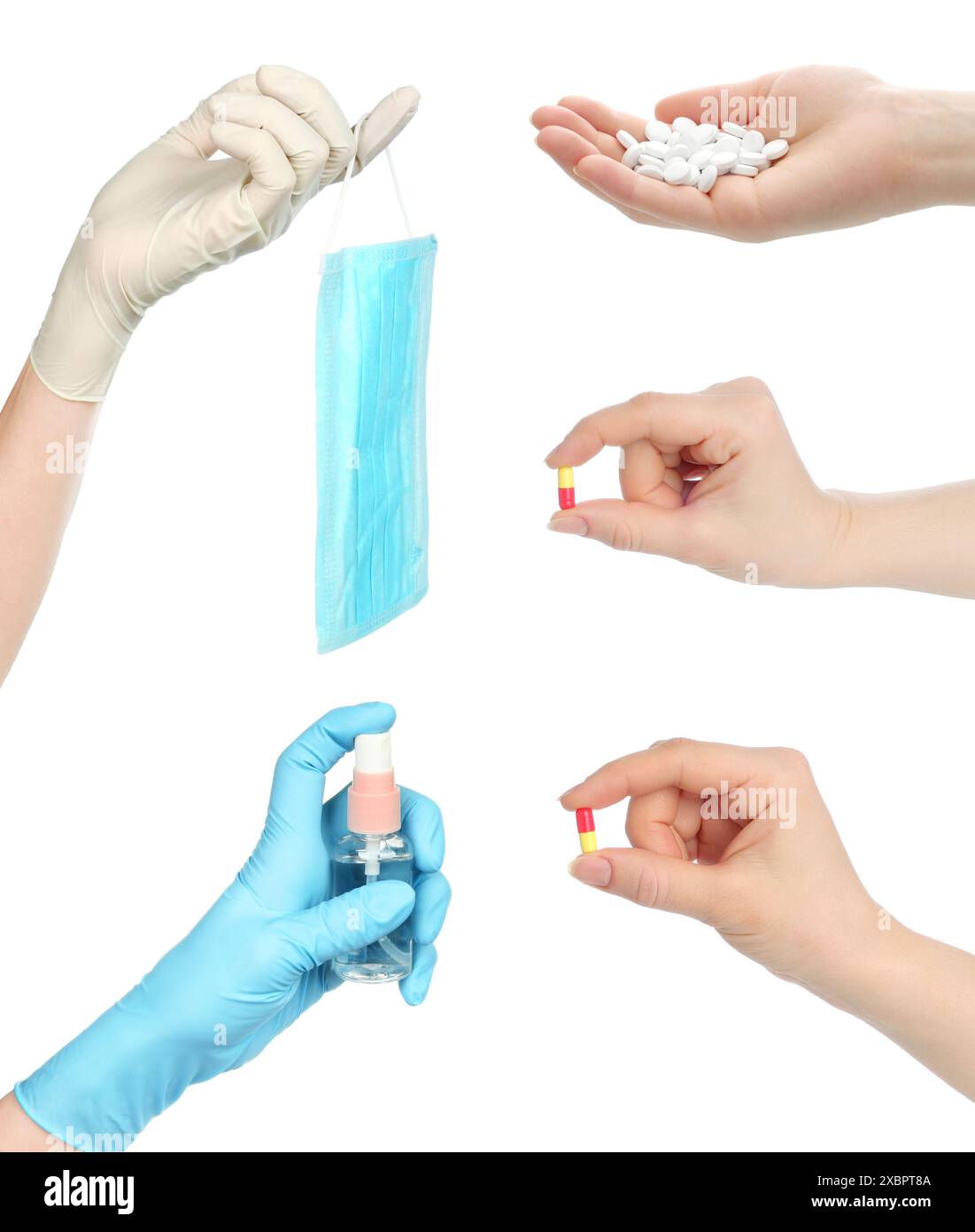 Set di mani donna in guanti medici, che tengono in mano una mascherina medica, spray disinfettante e pillole, isolato su uno sfondo trasparente, conce medica Foto Stock