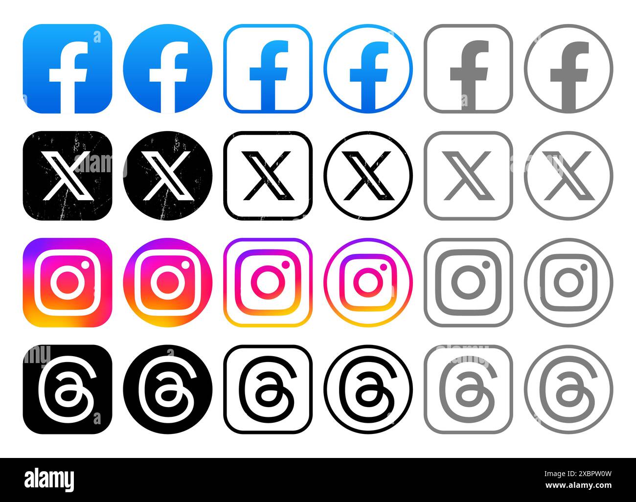 Kiev, Ucraina - 12 febbraio 2024: Set di icone popolari di social media e app mobili in diverse forme, come: Facebook, Twitter - X, Instagram e. Foto Stock