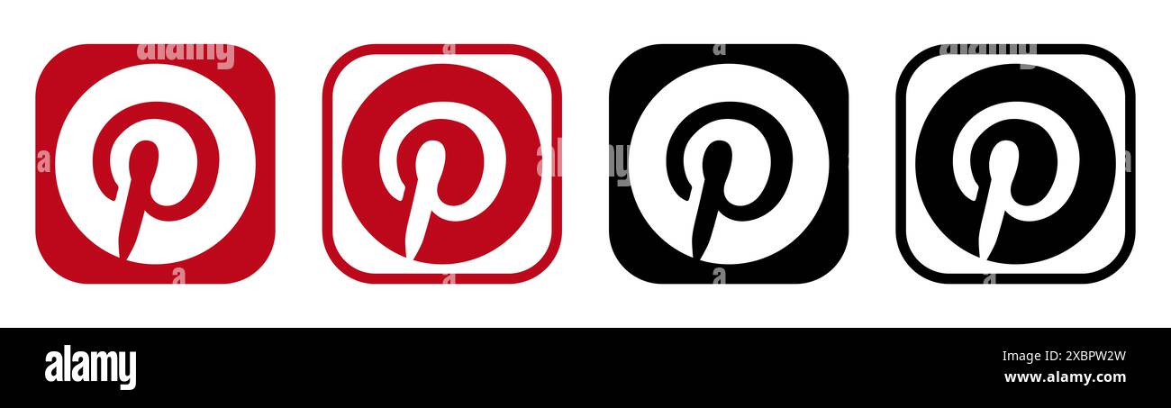 Kiev, Ucraina - 5 febbraio 2024: Set di icone dell'app mobile Pinterest, stampate su carta. Pinterest è un servizio di condivisione delle immagini e social media da attivare Foto Stock