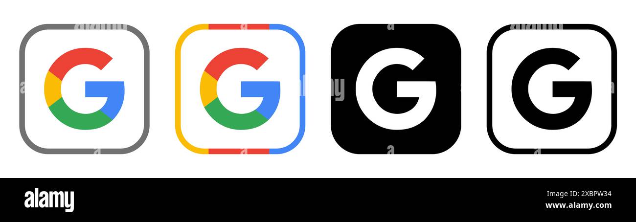 Kiev, Ucraina - 5 febbraio 2024: Set di icone dell'app mobile di Google, stampate su carta. Google è un'azienda tecnologica che si concentra sull'intelligenza artificiale, Foto Stock
