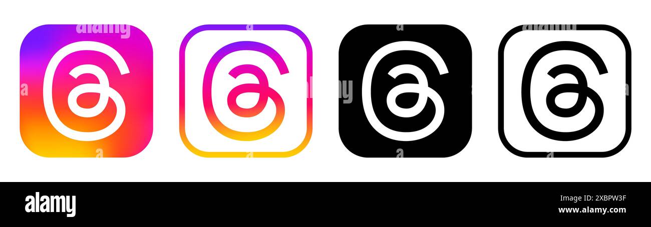 Kiev, Ucraina - 5 febbraio 2024: Set di icone delle app mobili, stampate su carta. Threads è un servizio di social media e social networking online Foto Stock