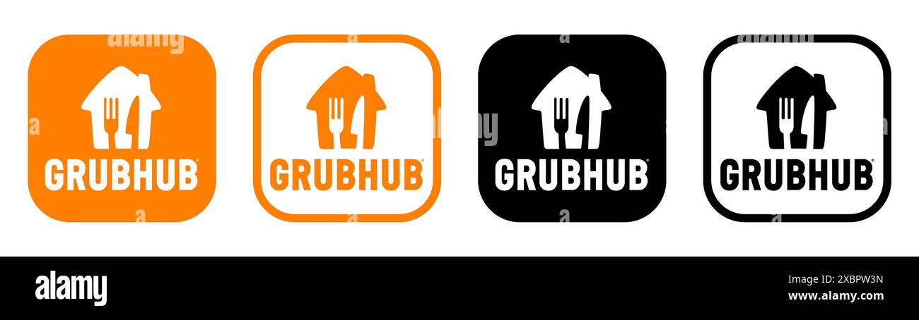 Kiev, Ucraina - 5 febbraio 2024: Set di icone dell'app mobile GrubHub, stampate su carta. GrubHub è un servizio online e mobile di ordinazione e consegna di cibi pronti Foto Stock