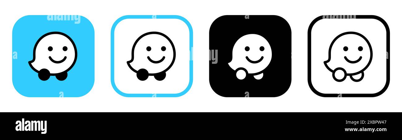 Kiev, Ucraina - 5 febbraio 2024: Set di icone dell'app mobile Waze, stampate su carta. Waze è una società sussidiaria di Google che fornisce servizi di navigazione satellitare Foto Stock