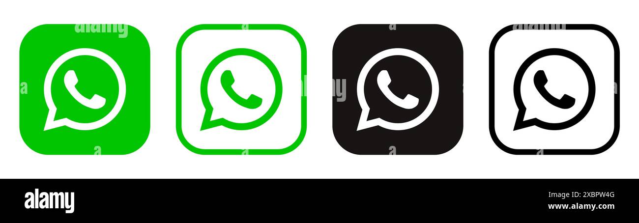 Kiev, Ucraina - 5 febbraio 2024: Set di icone dell'app mobile WhatsApp, stampate su carta. WhatsApp è un servizio di messaggistica istantanea e VoIP di proprietà di Tech Foto Stock
