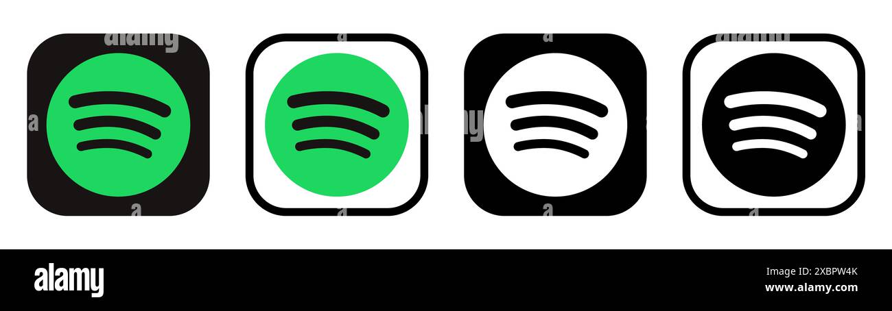 Kiev, Ucraina - 5 febbraio 2024: Set di icone dell'app mobile Spotify, stampate su carta. Spotify è un fornitore di servizi di streaming audio e media Foto Stock