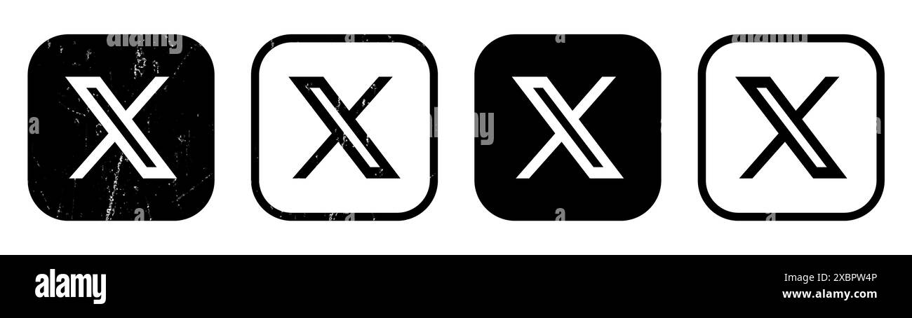 Kiev, Ucraina - 5 febbraio 2024: Set di icone X - Twitter per app mobile, stampate su carta. Twitter cambia il logo in X, sostituendo il simbolo di uccello blu Foto Stock