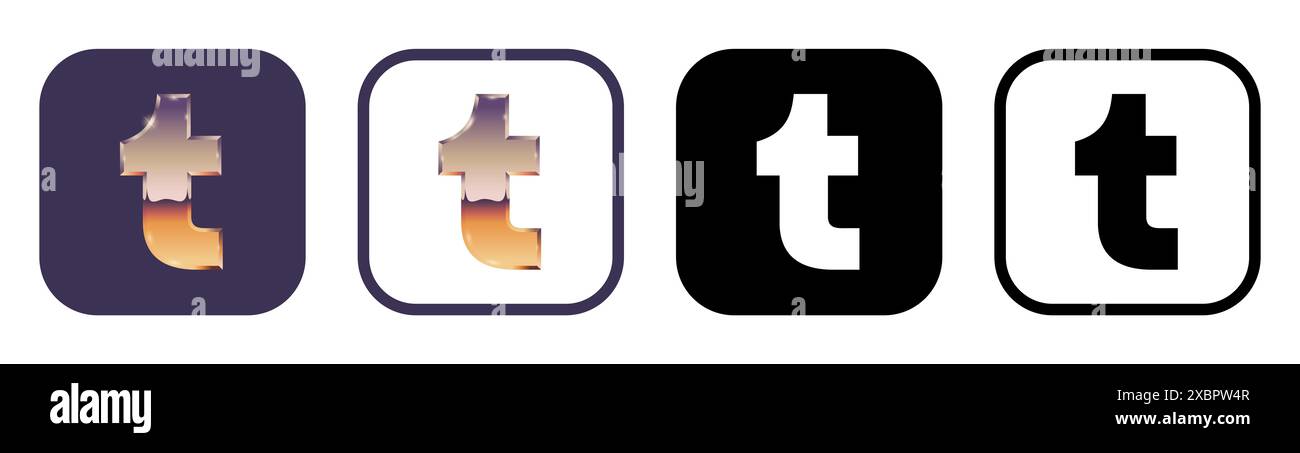 Kiev, Ucraina - 5 febbraio 2024: Set di icone per app Tumblr mobili, stampate su carta. Tumblr è un sito di microblogging e social networking Foto Stock
