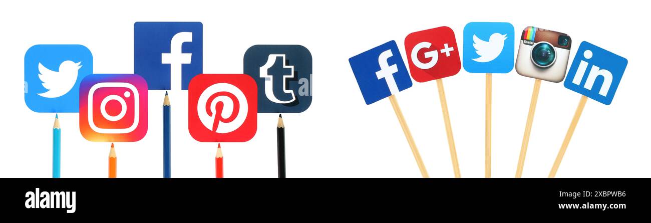 Concetto di icone di social media popolari, come Facebook, Pinterest, Tumblr, Instagram, Twitter, con matite colorate e bastoncini di legno, isolato su un Foto Stock