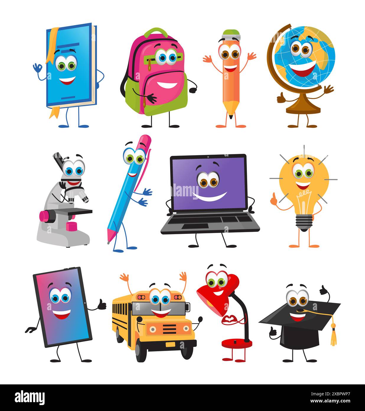 Set di Funny School and Office Supplies with Eyes, su sfondo bianco, illustrazione vettoriale dal design piatto Illustrazione Vettoriale