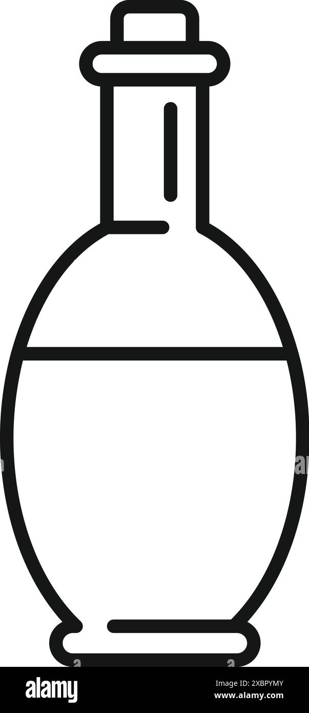 Semplice icona a forma di linea di una bottiglia di vetro contenente olio d'oliva, sigillata con un tappo in sughero Illustrazione Vettoriale