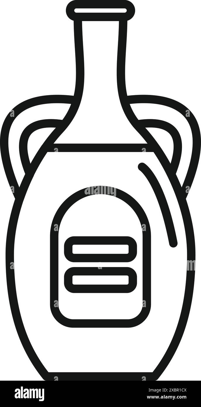 Bottiglia di argilla tradizionale per vino o olio con manici ed etichetta è isolata su sfondo bianco Illustrazione Vettoriale