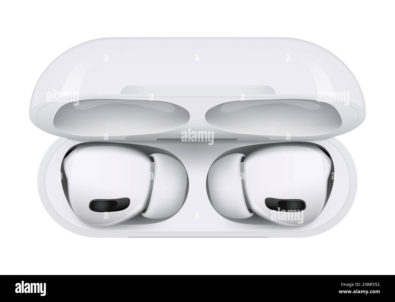 Kiev, Ucraina - 06 aprile 2022: Cuffie wireless bianche Apple AirPods Pro, su sfondo bianco. Illustrazione vettoriale realistica Illustrazione Vettoriale