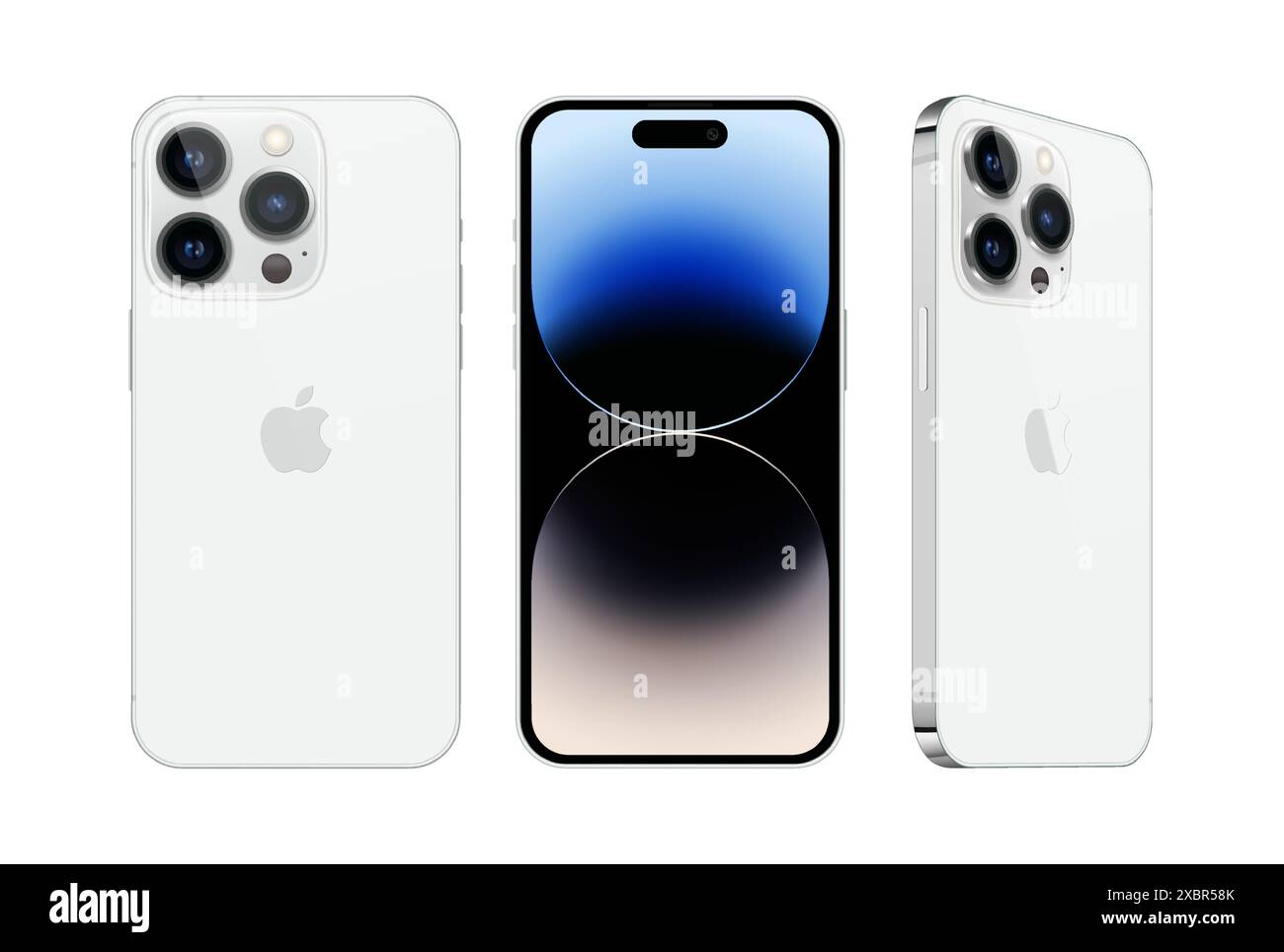 Kiev, Ucraina - 28 settembre 2022: Set di smartphone Apple iPhone 14 Pro in diversi lati, in colore argento ufficiale, su sfondo bianco. Realisti Illustrazione Vettoriale
