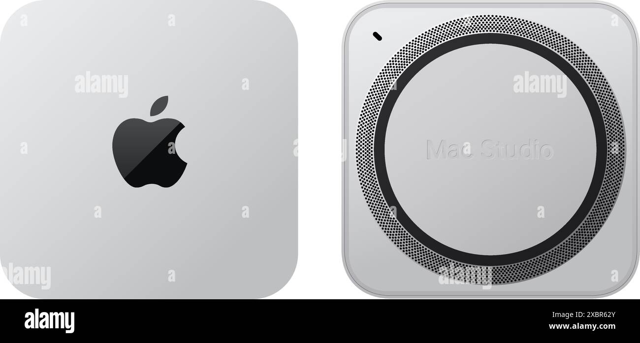 Apple Mac Studio con chip M1, vista dall'alto, illustrazione vettoriale realistica. Mac Studio è una workstation con fattore di forma ridotto progettata, prodotta e venduta Illustrazione Vettoriale