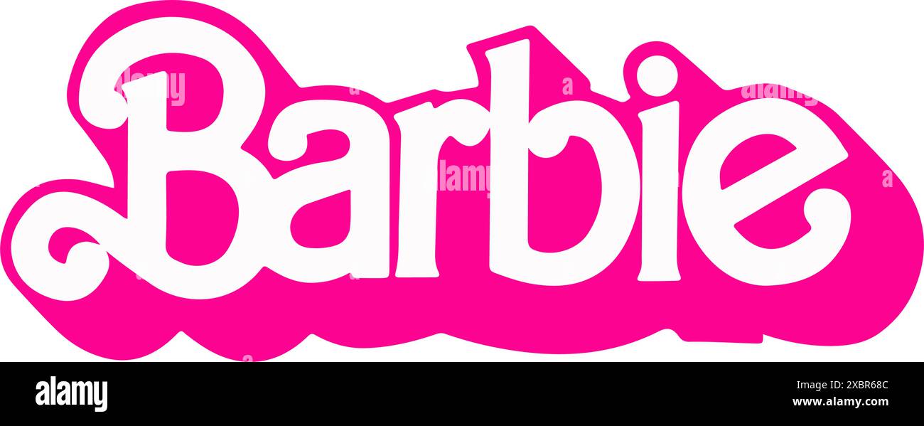 Logo del film Barbie su sfondo bianco, illustrazione vettoriale. Barbie è una bambola alla moda creata dall'imprenditrice americana Ruth Handler, prodotta da Illustrazione Vettoriale