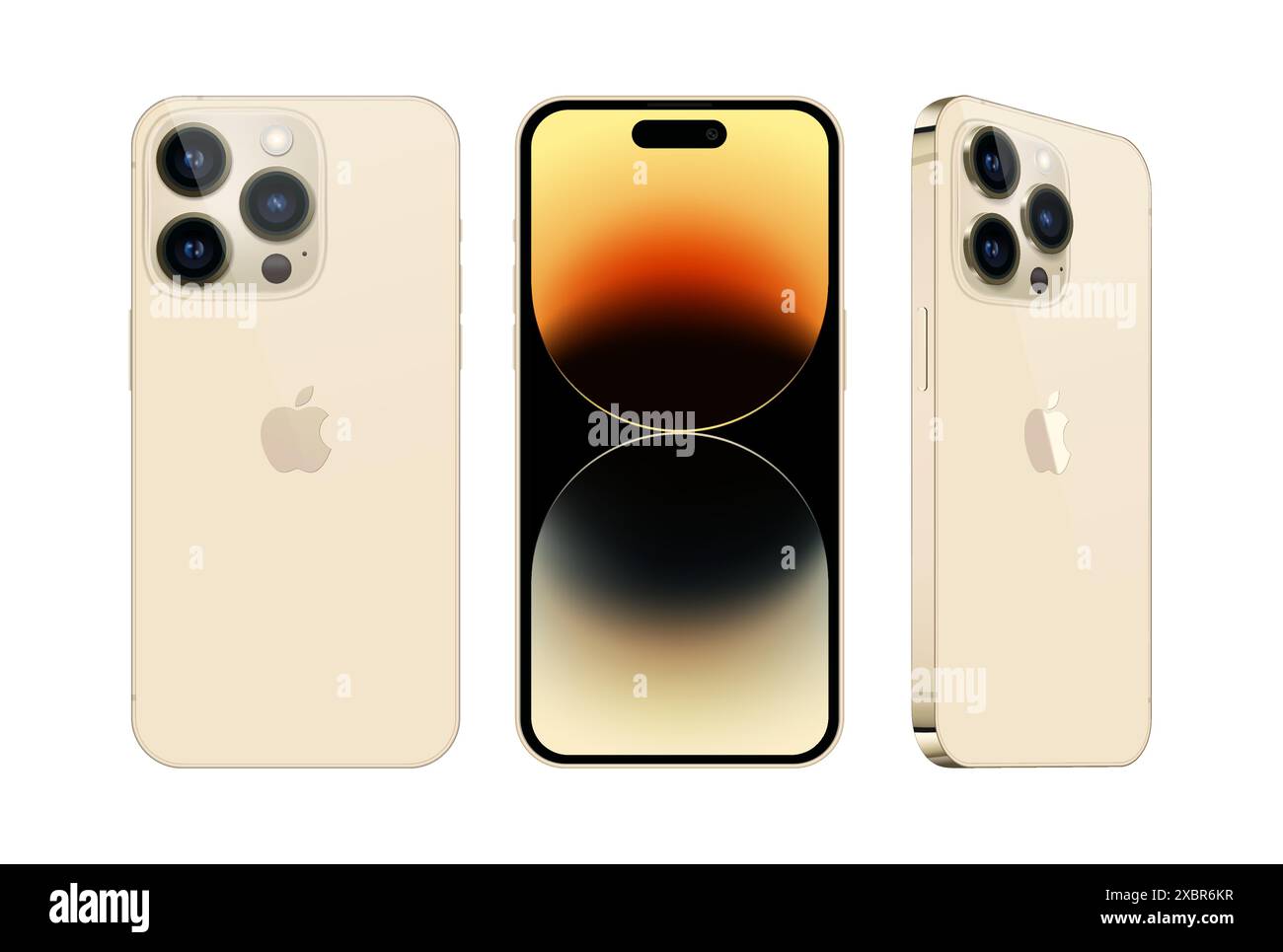 Kiev, Ucraina - 28 settembre 2022: Set di smartphone Apple iPhone 14 Pro in diversi lati, in colore oro ufficiale, su sfondo bianco. Realistico Illustrazione Vettoriale