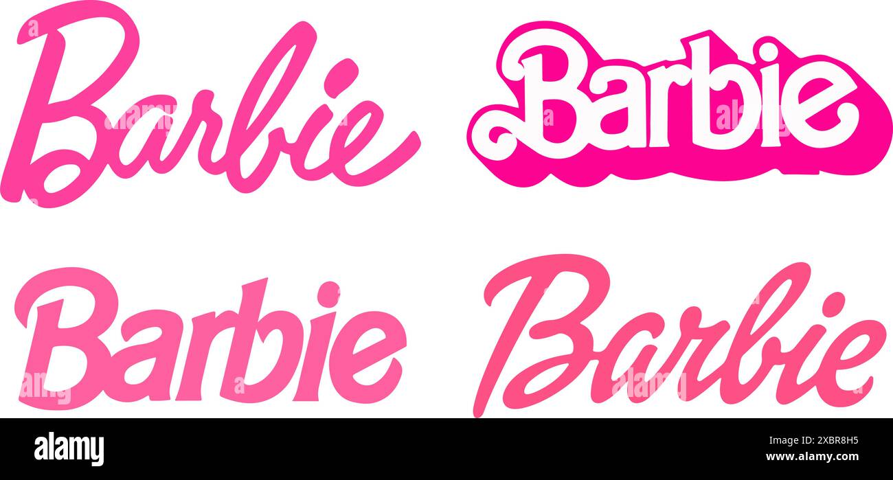 Set di loghi Barbie su sfondo bianco, illustrazione vettoriale. Barbie è una bambola alla moda creata dall'imprenditrice americana Ruth Handler, prodotta Illustrazione Vettoriale