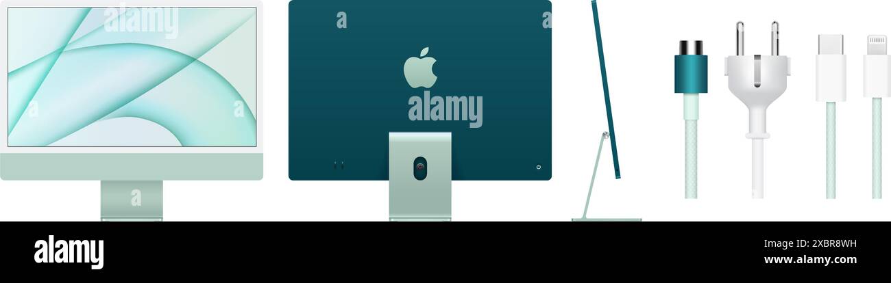 Set di nuove apparecchiature Apple iMac verdi, trasformate dal chip M1, realistiche illustrazioni vettoriali. IMac è una famiglia di PC desktop Mac all-in-one Illustrazione Vettoriale