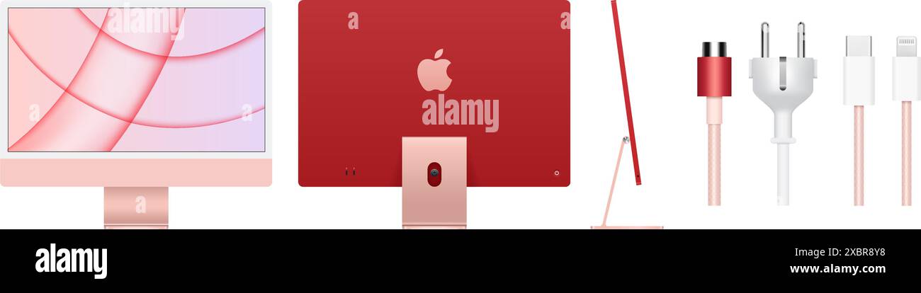 Set di nuove apparecchiature Apple iMac rosse, trasformate dal chip M1, realistiche illustrazioni vettoriali. IMac è una famiglia di computer desktop Mac all-in-one Illustrazione Vettoriale