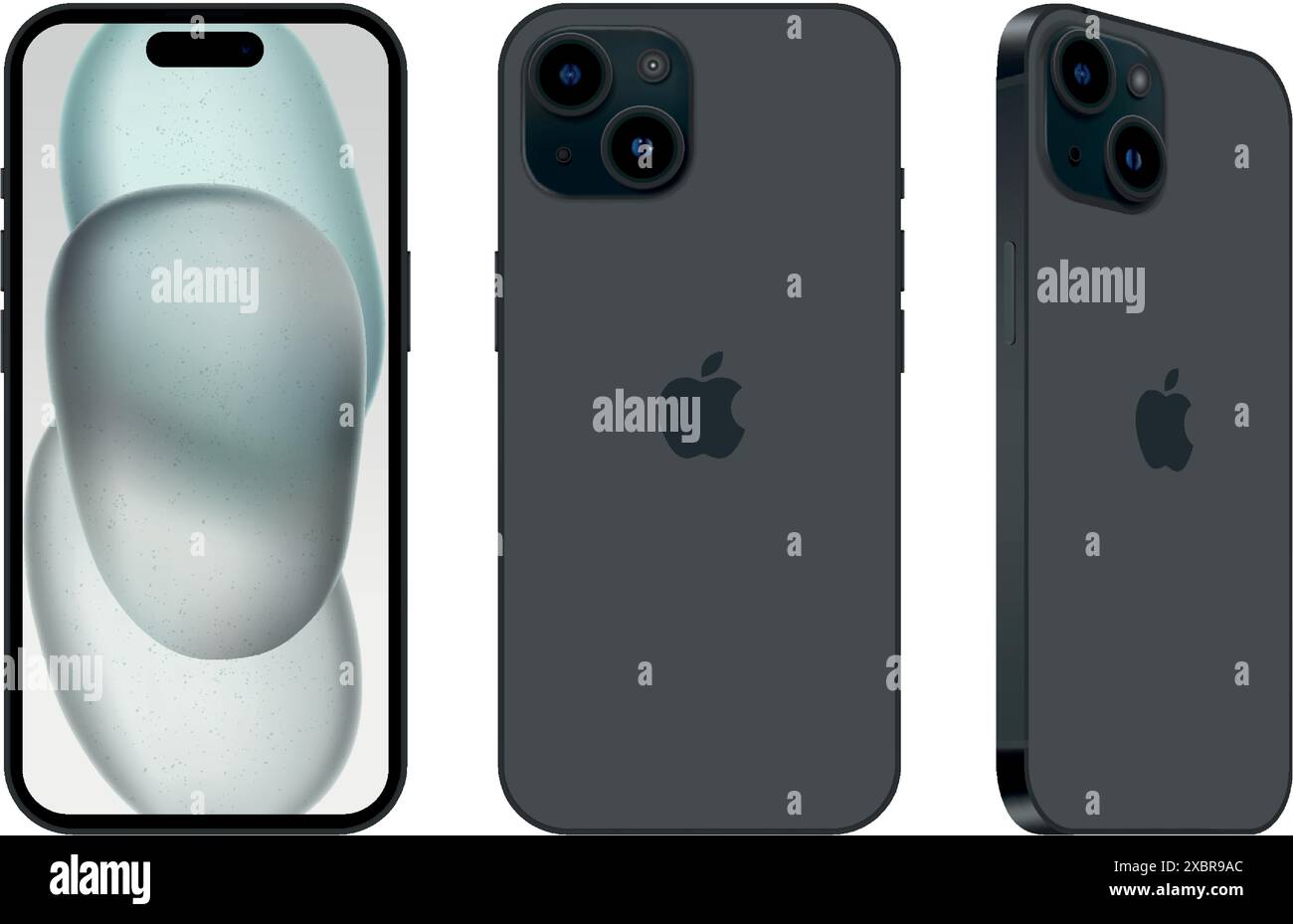 Set di telefono cellulare Apple iPhone 15 nero su lati diversi, su sfondo bianco, illustrazione vettoriale. IPhone 15 e iPhone 15 Plus sono smartphon Illustrazione Vettoriale