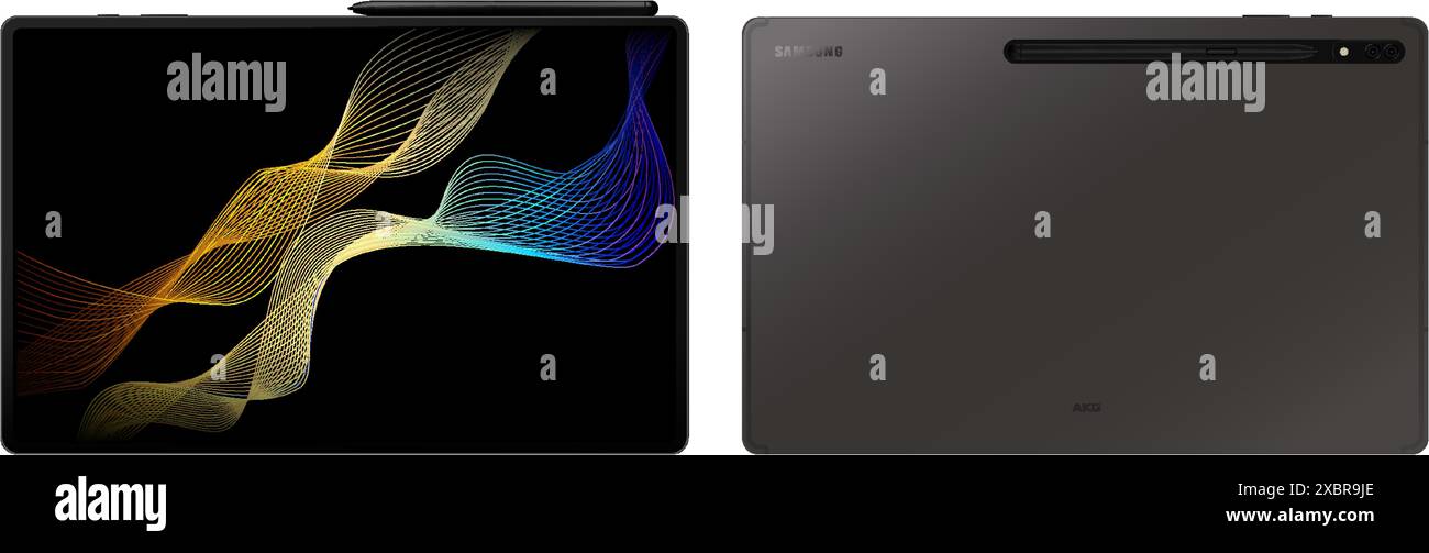 Tablet PC Samsung Tab S8 Ultra in grigio scuro, su sfondo bianco, illustrazione vettoriale. Samsung Galaxy Tab S8 è una serie di dispositivi basati su Android Illustrazione Vettoriale