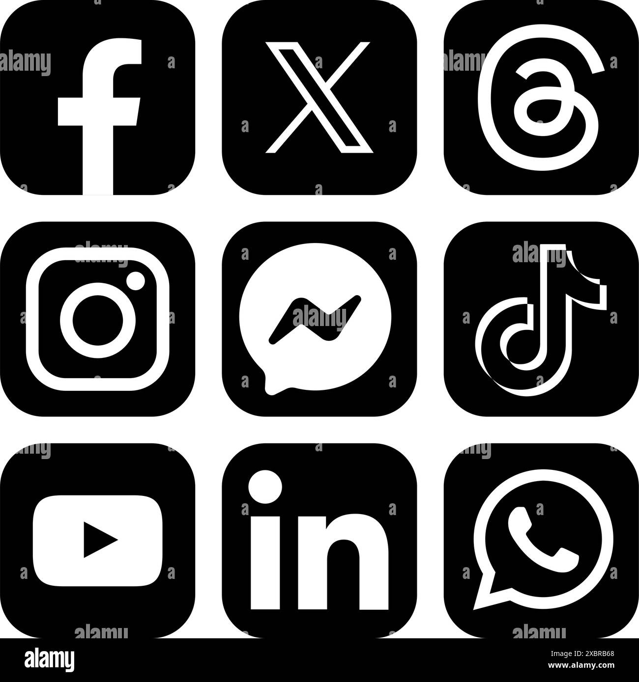 Set di icone nere delle app per dispositivi mobili dei social media più diffuse: Facebook, X Twitter, Threads, Instagram, Messenger e altri, illustrazione vettoriale Illustrazione Vettoriale