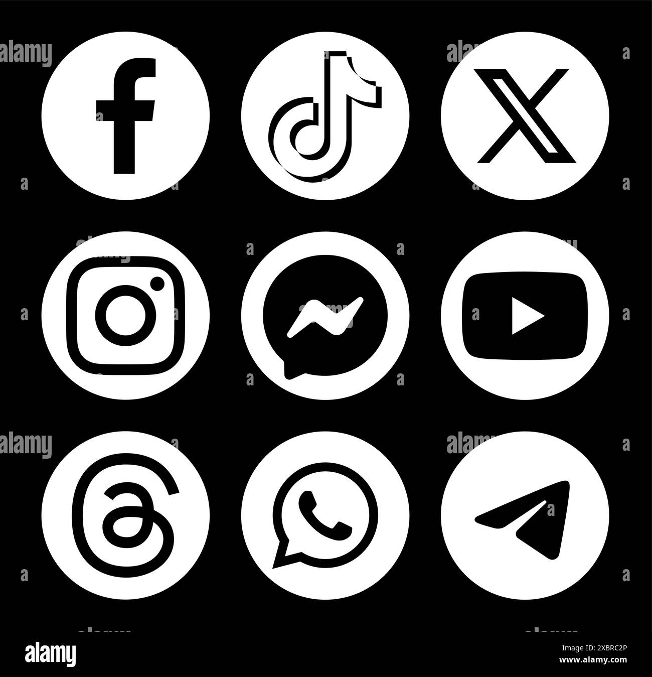 Set di icone bianche rotonde per i social media e le app mobili più diffuse: Facebook, TikTok, Twitter - X, Messenger e altri, su sfondo nero, illu vettoriale Illustrazione Vettoriale