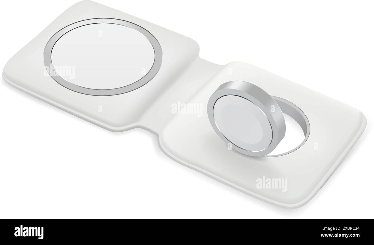 Caricabatterie Apple MagSafe Duo su sfondo bianco, illustrazione vettoriale. Il caricabatterie MagSafe Duo è un accessorio portatile Apple in grado di caricare mobil Illustrazione Vettoriale