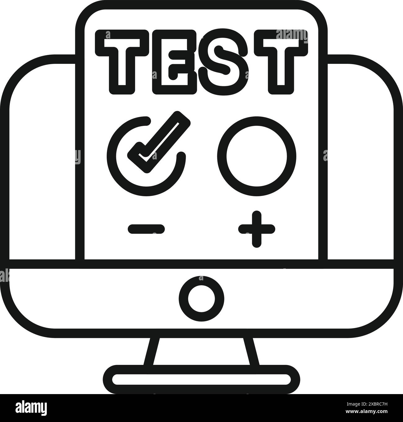 Il test online viene visualizzato sullo schermo di un computer, con un segno di spunta che rappresenta un esame riuscito Illustrazione Vettoriale