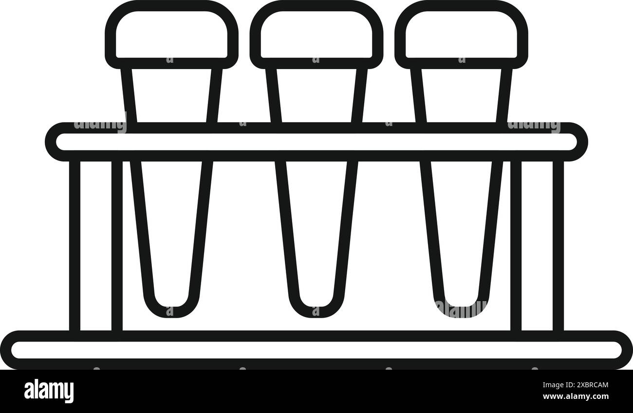 Illustrazione lineare semplice e minimale di tre provette in un rack per provette, perfetta per temi scientifici o medici Illustrazione Vettoriale