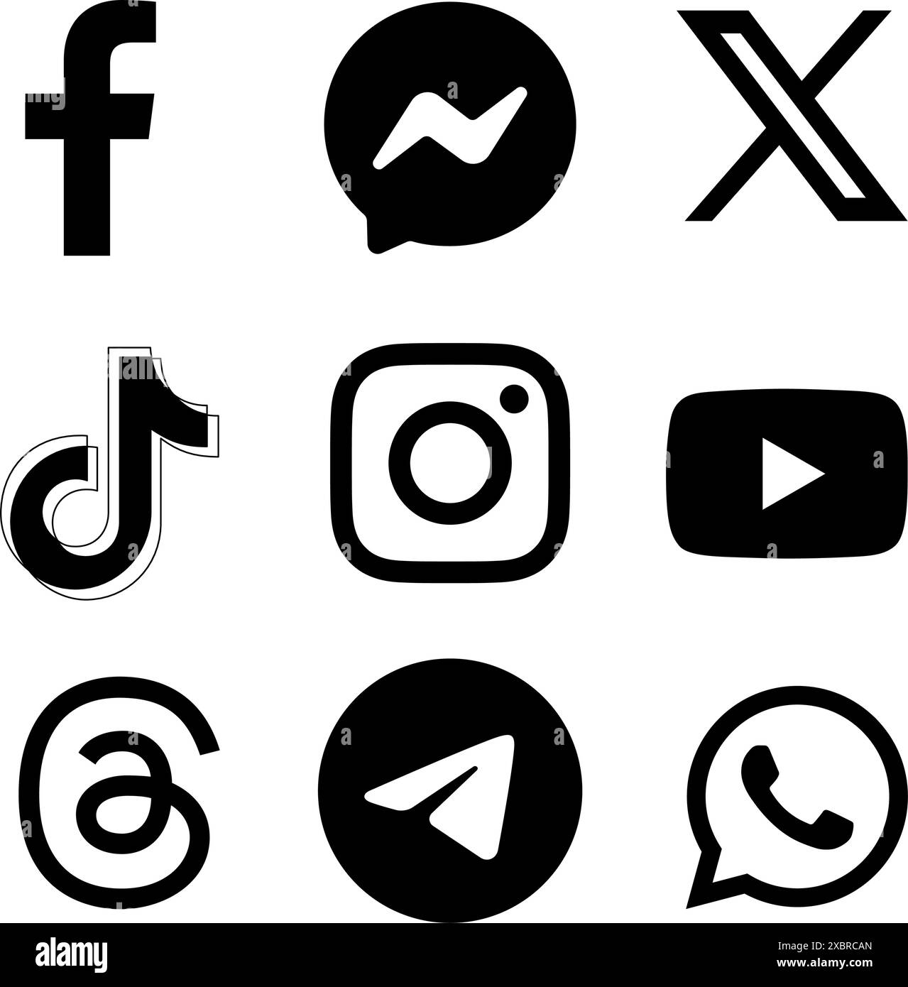 Set di logo neri delle icone di social media e app mobili più diffuse: Facebook, Messenger, Twitter - X, TikTok e altri, su un backgroun trasparente Illustrazione Vettoriale