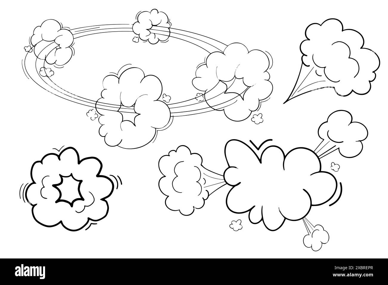 Effetto comico di movimento velocità, nuvole, turbinio del vento veloce, elementi di pompaggio isolati su sfondo bianco. Esplosione di colpo. Illustrazione vettoriale Illustrazione Vettoriale