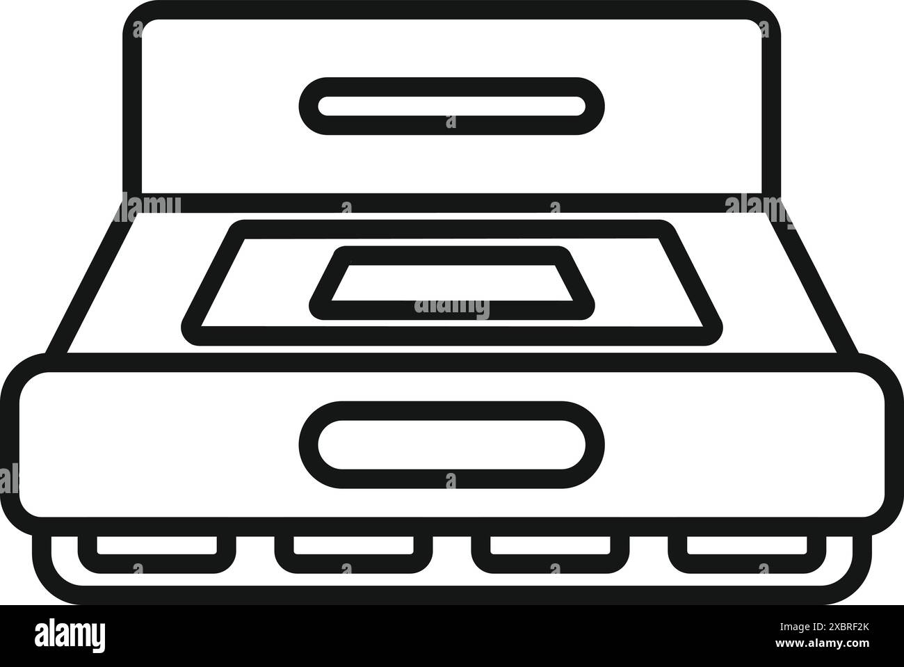 Icona grafica in linea di una cartuccia di gioco retrò inserita in una console Illustrazione Vettoriale