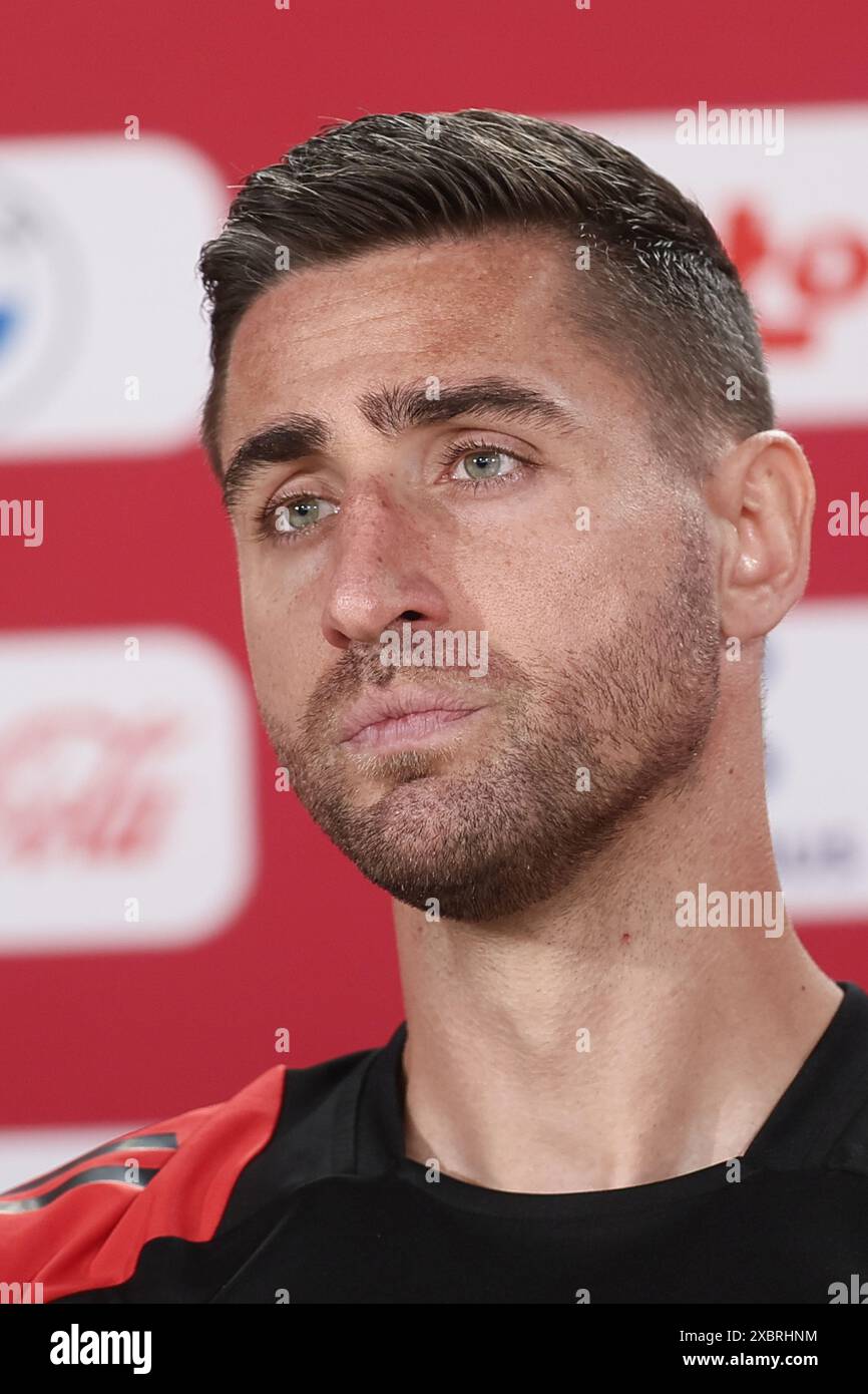 Freiberg, Germania. 13 giugno 2024. Il portiere belga Koen Casteels, nella foto, durante una conferenza stampa della nazionale belga di calcio Red Devils, giovedì 13 giugno 2024, nel campo base di Freiberg am Neckar, Germania, in preparazione dei Campionati europei di calcio UEFA Euro 2024. I Red Devils giocano nel gruppo F ai Campionati europei di Europa 2024 in Germania. BELGA PHOTO BRUNO FAHY credito: Belga News Agency/Alamy Live News Foto Stock